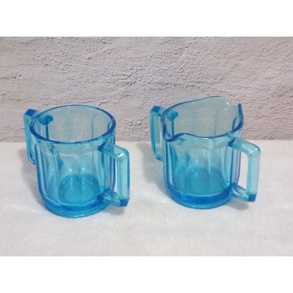 Tiara Glass Blue Horizon Paneled Double Handle Sugar & Creamer‎ Vintage